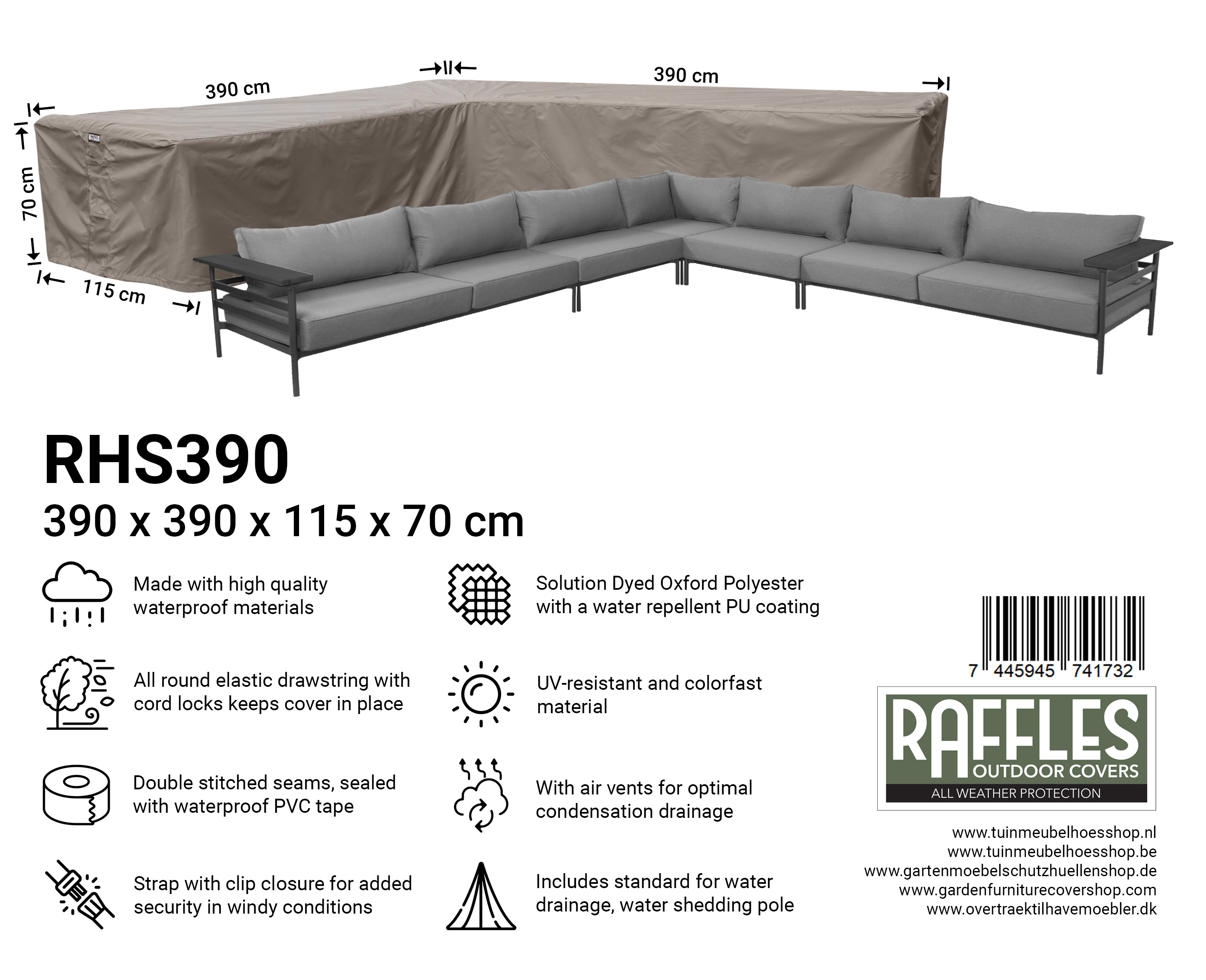 RHS390_7445945741732 RHS390 Grote asymmetrische lounge hoekbank hoes 390 x 390 x 115 H: 70 cm