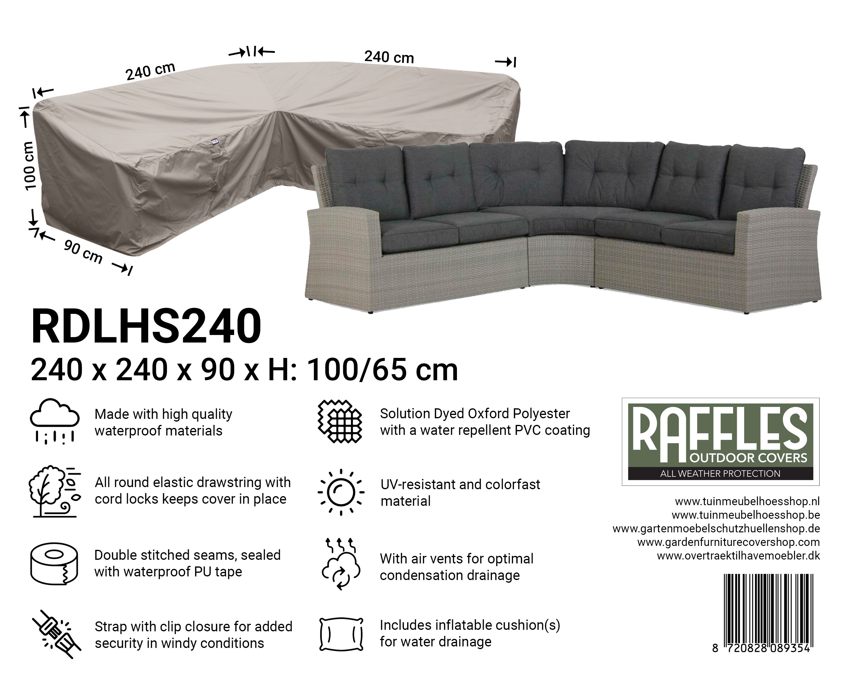 L-shaped dining sofa cover 240 x 240 x 90, H: 100 / 65 L-shaped dining sofa cover 240 x 240 x 90, H: 100 / 65