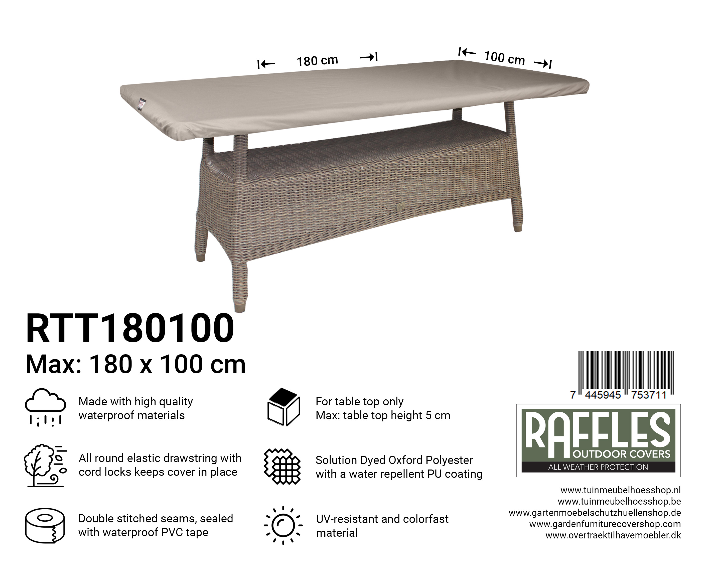 RTT180100 hoes voor tafelblad 180 x 100 cm