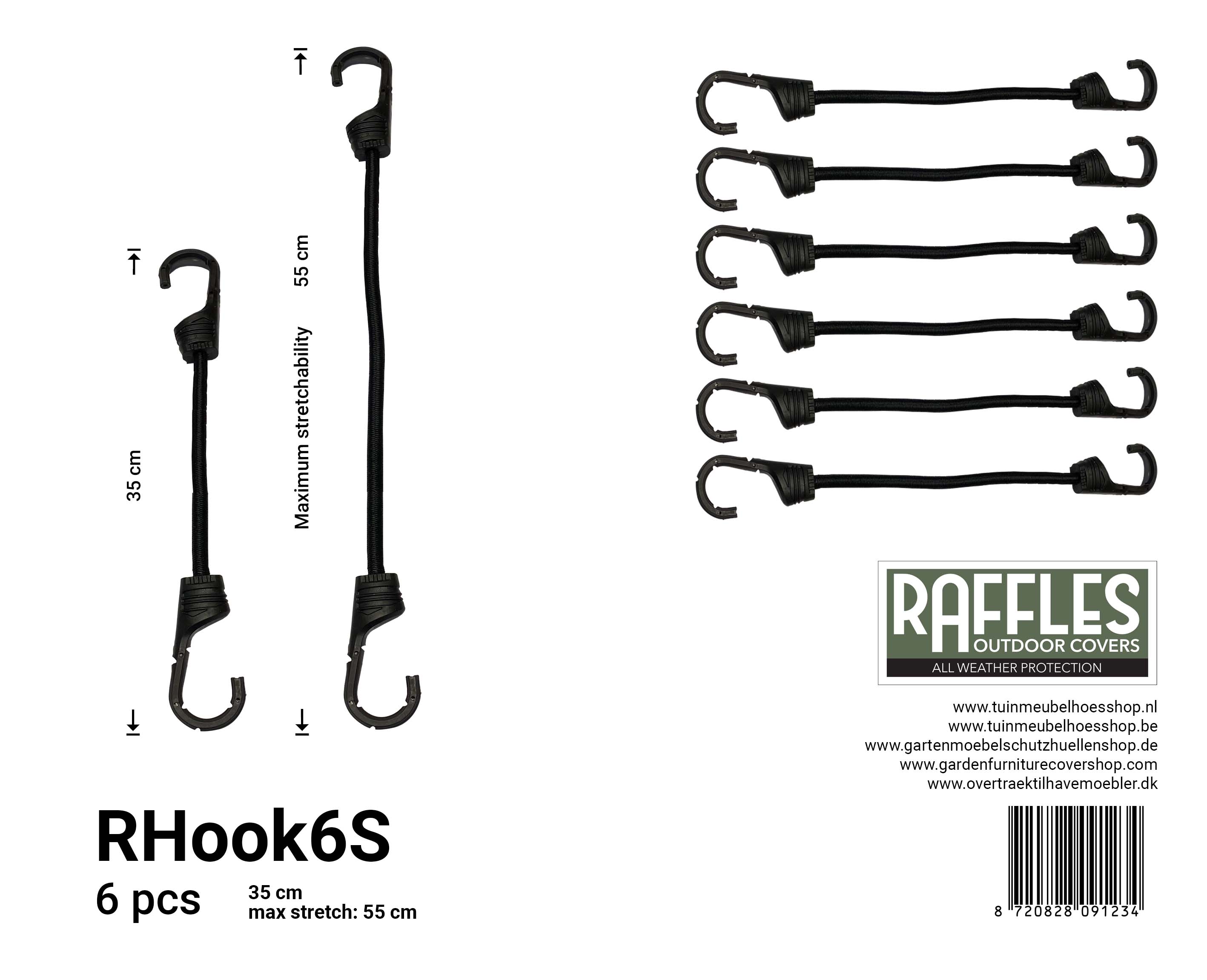 RHook6S_8720828091234 Elastic bungee cord with hooks 35 / 55 cm