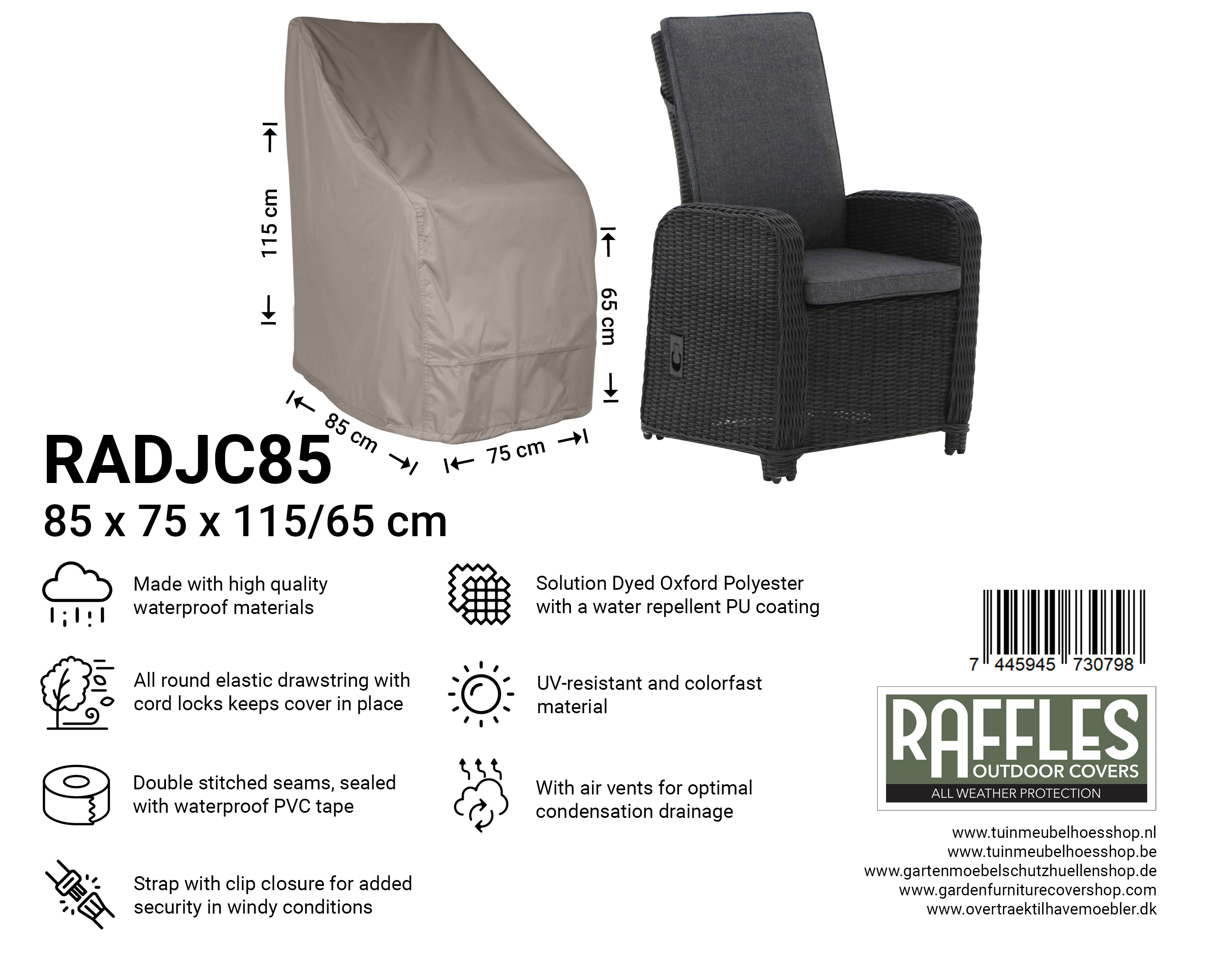 RADJC85_7445945730798 Cover for lounge chair 85 x 75 H: 115 / 65 cm