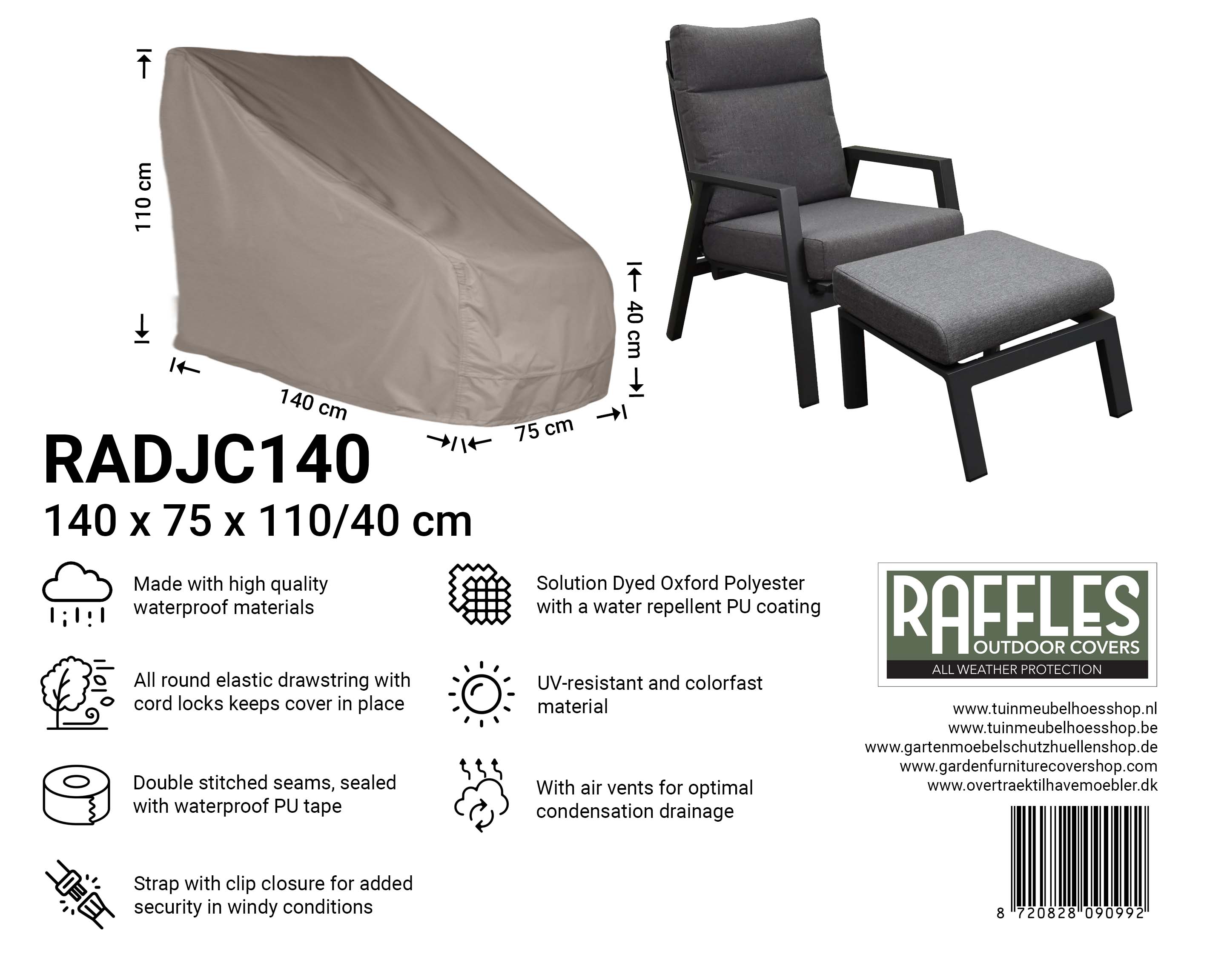 Cover lounge chair 140 x 75 H: 110 / 40 cm, high adjustable model plus footstool Cover lounge chair 140 x 75 H: 110 / 40 cm, high adjustable model plus footstool