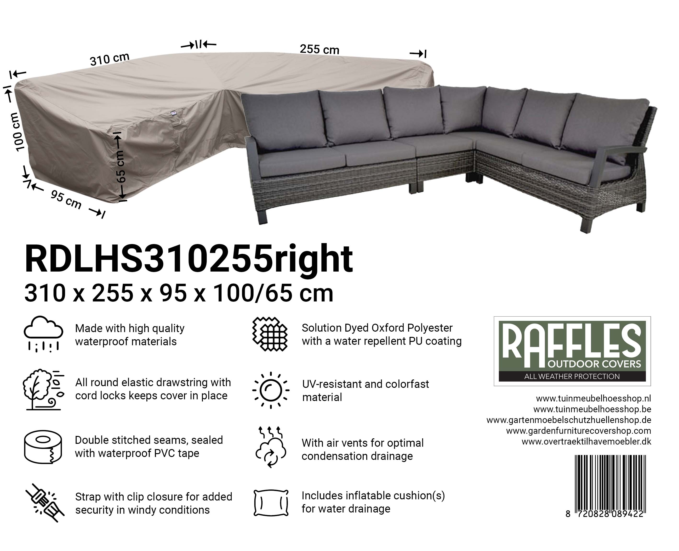 RDLHS310255right_8720828089422 Cover for dining corner sofa 310 x 255 x 95, H: 100 / 65 cm