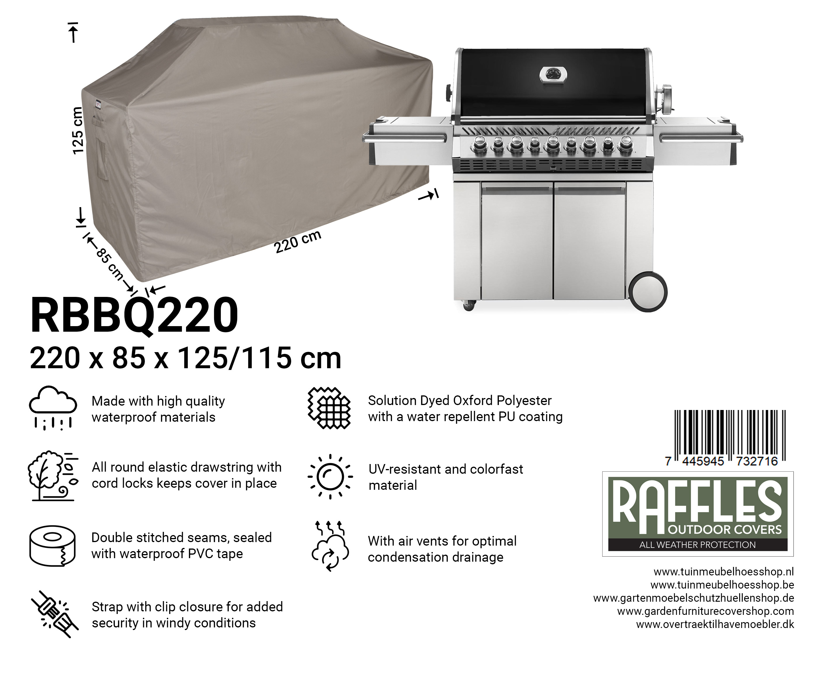 RBBQ220_-7445945732716 Protection cover for an outdoor kitchen 220 x 80 H: 125 / 115 cm