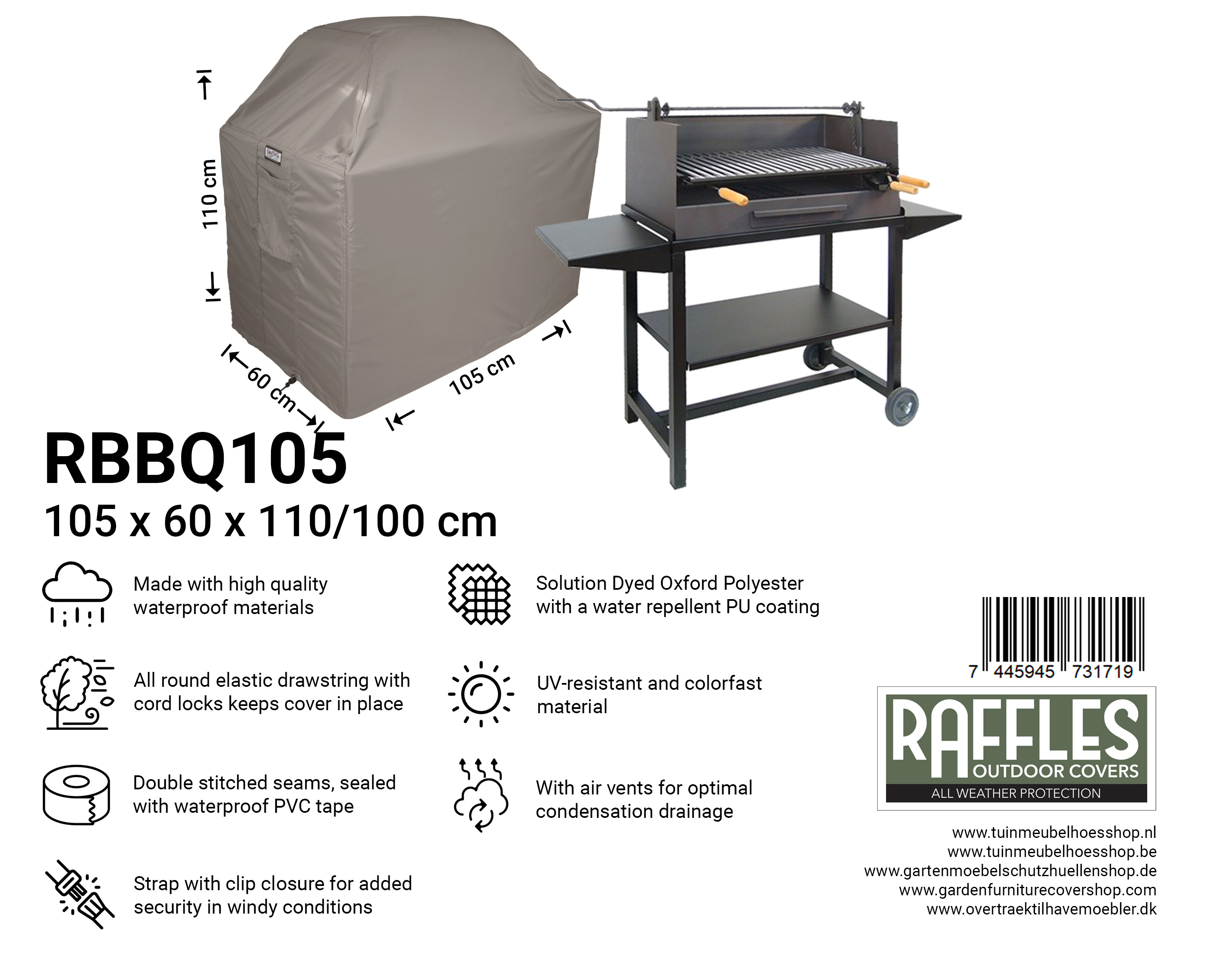 RBBQ105_7445945731719 Outdoor grill cover 105 x 60 H: 110 / 100 cm