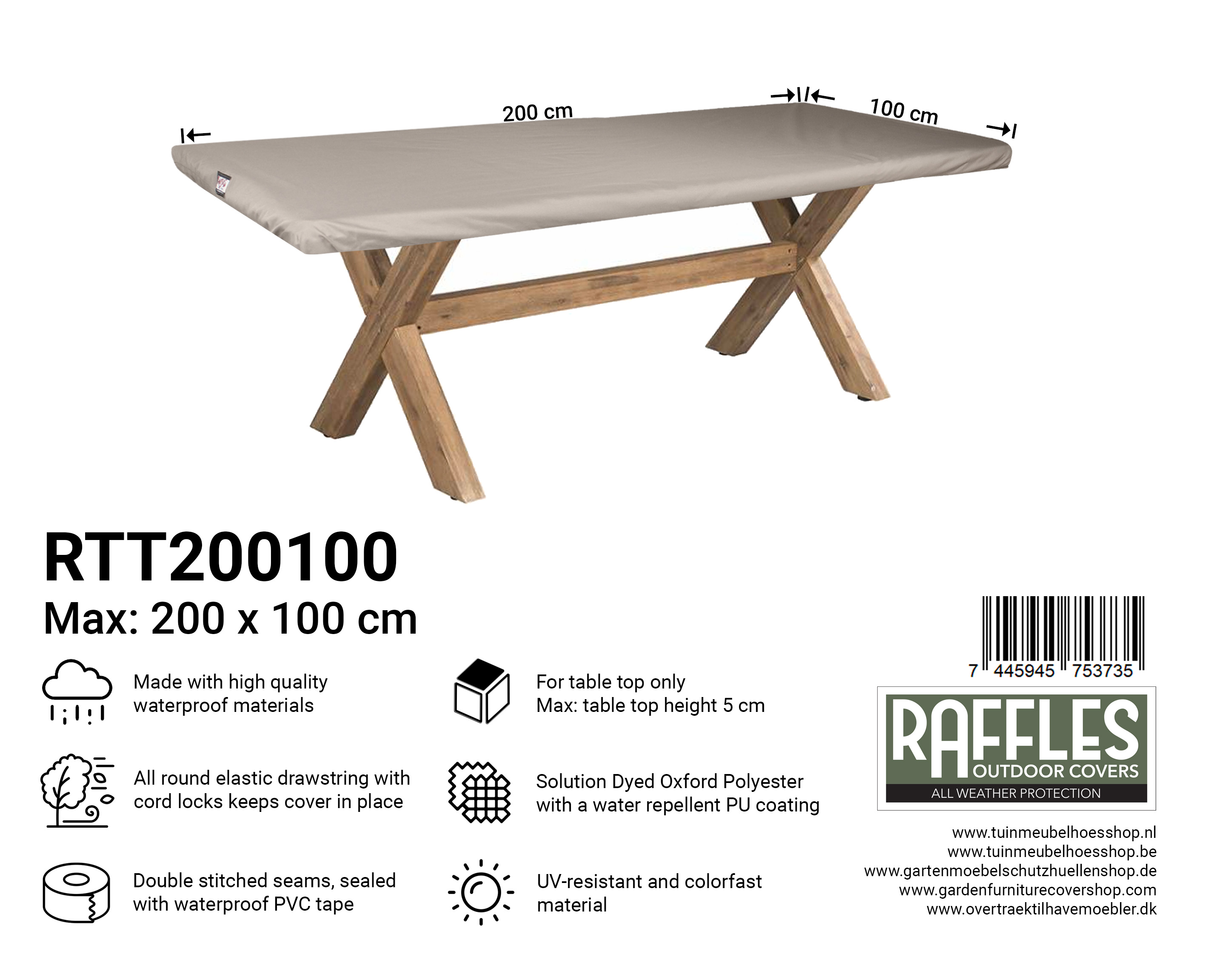 RTT200100 hoes voor tafelblad 200 x 100 cm