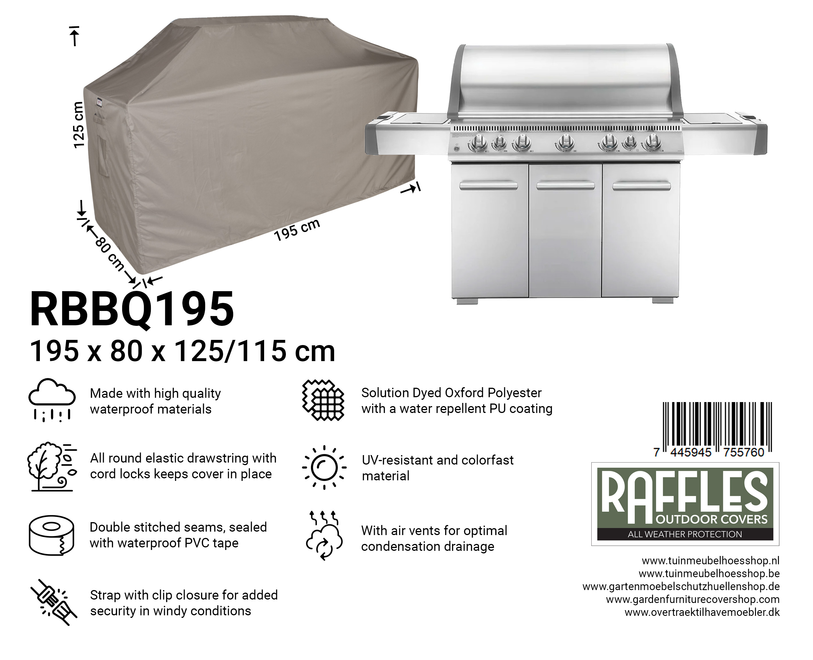 RBBQ195_7445945755760 Universal cover for barbecue 195 x 80 H: 125 / 115 cm