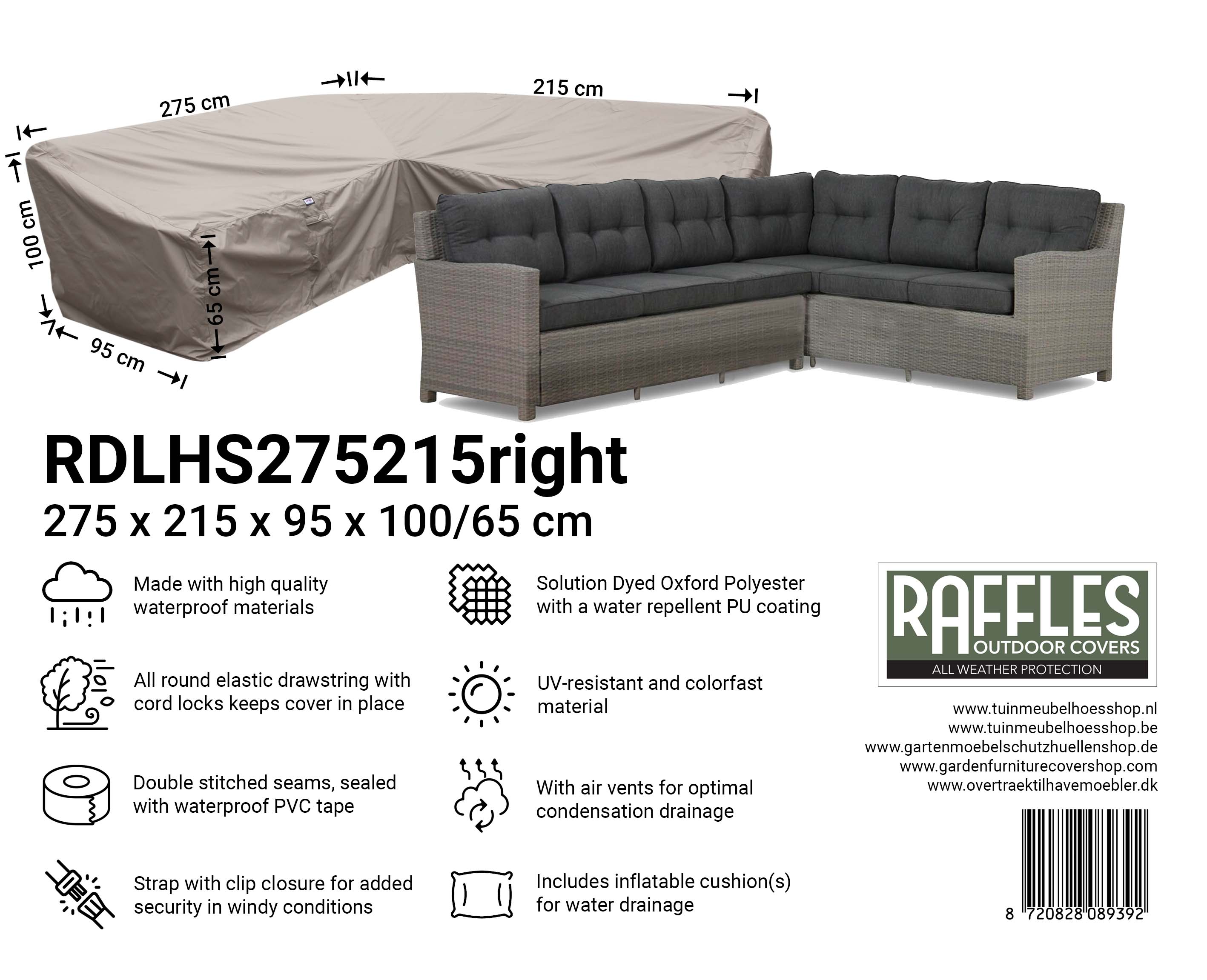 RDLHS275215right_8720828089392 Cover for L-Shaped dining sofa 275 x 215 x 95, H: 100 / 65 cm