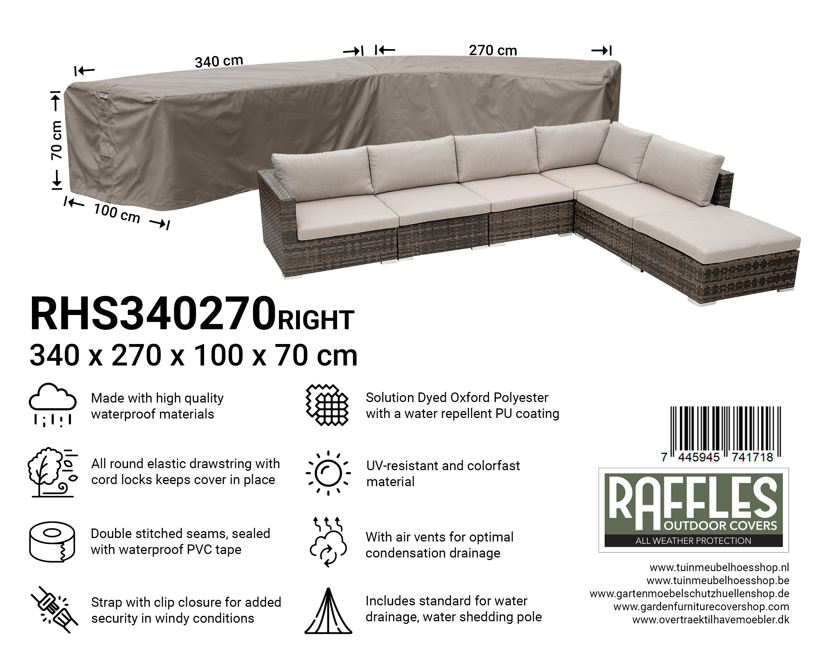 RHS340270right lounge hoekbank hoes 340 x 270 x 100 H: 70 cm
