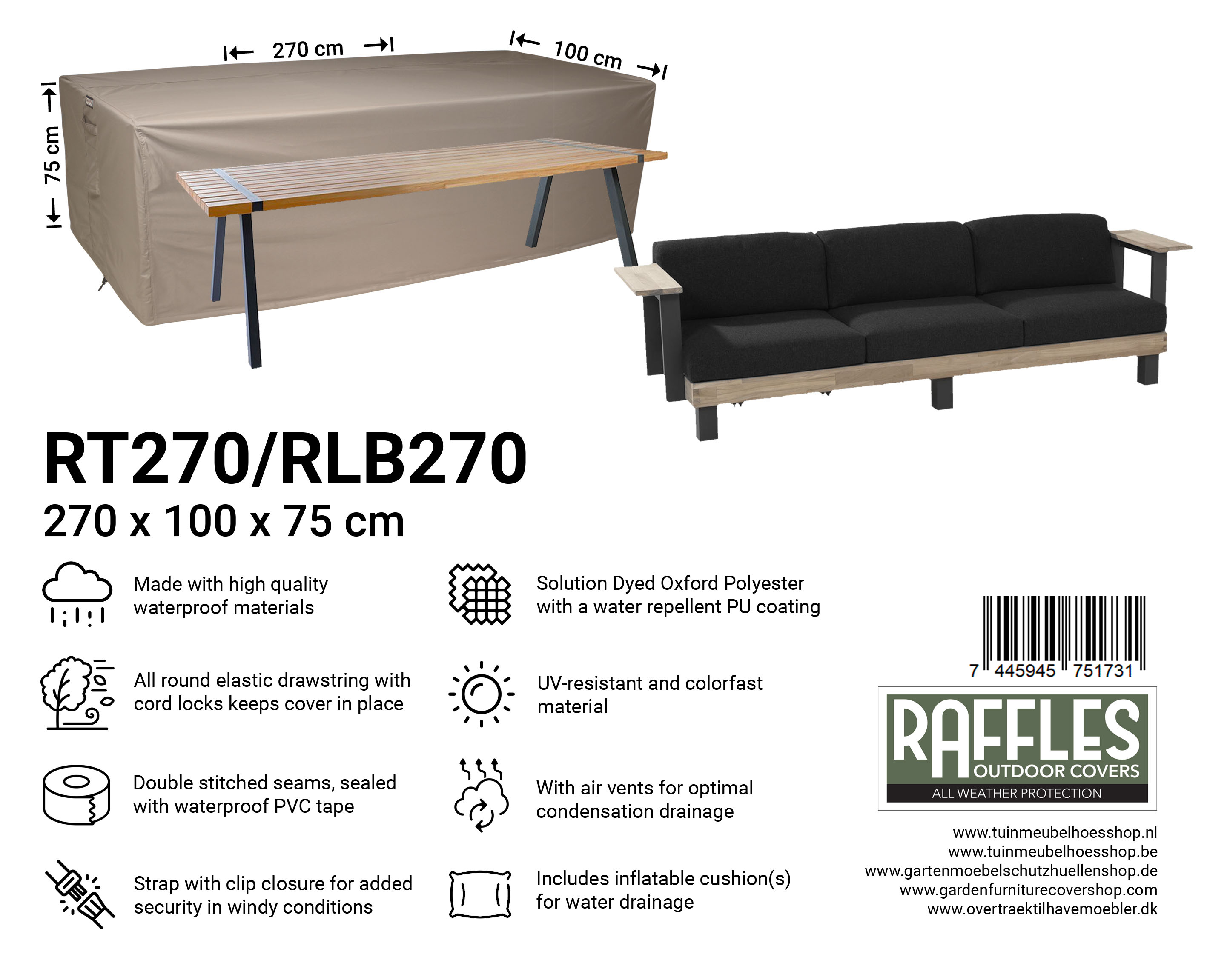 RT270/RLB270 tuintafel/lounge bank hoes 270 x 100 H: 75 cm