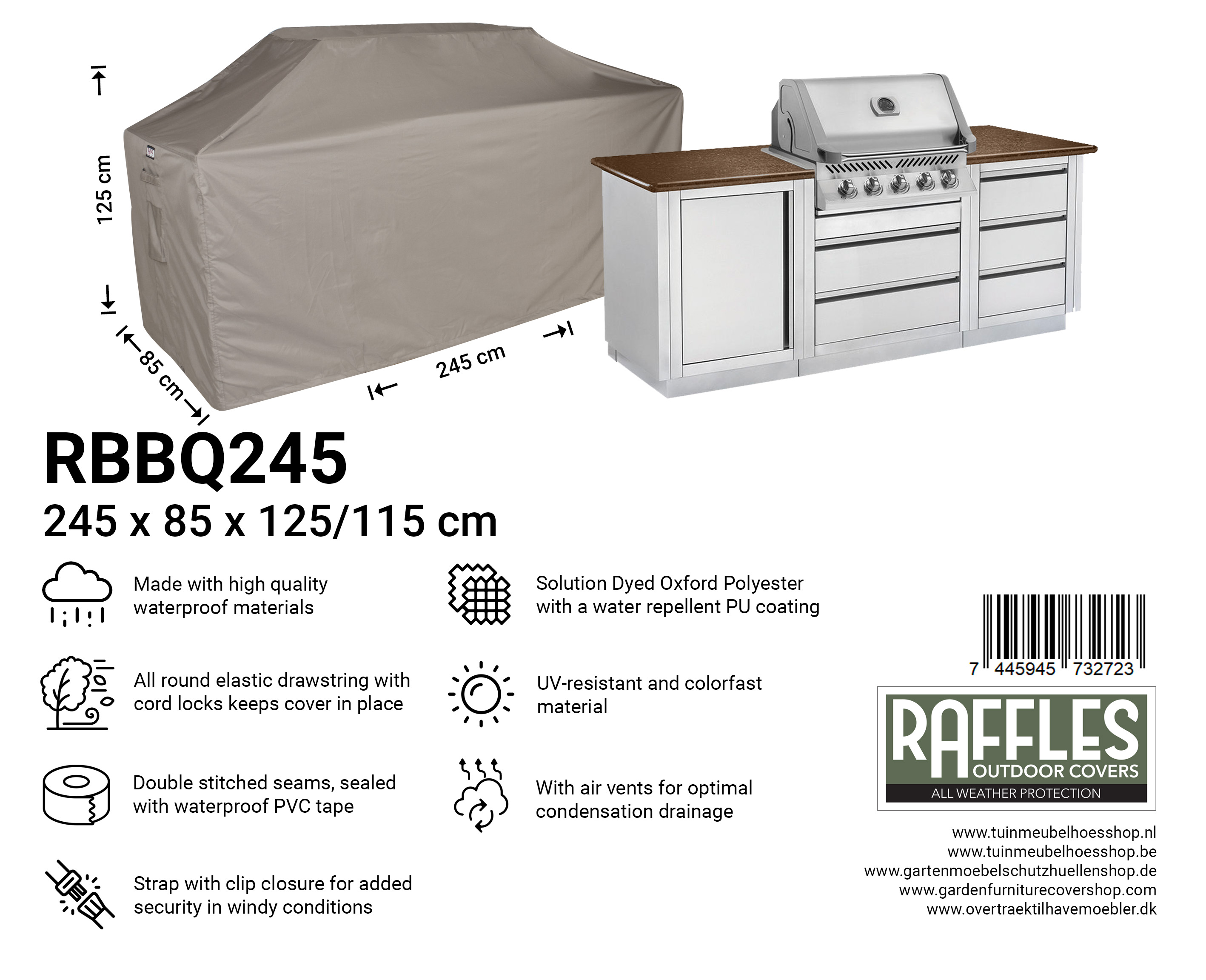 RBBQ245_7445945732723 Protection cover for outdoor kitchen 245 x 85 H: 125 / 115 cm