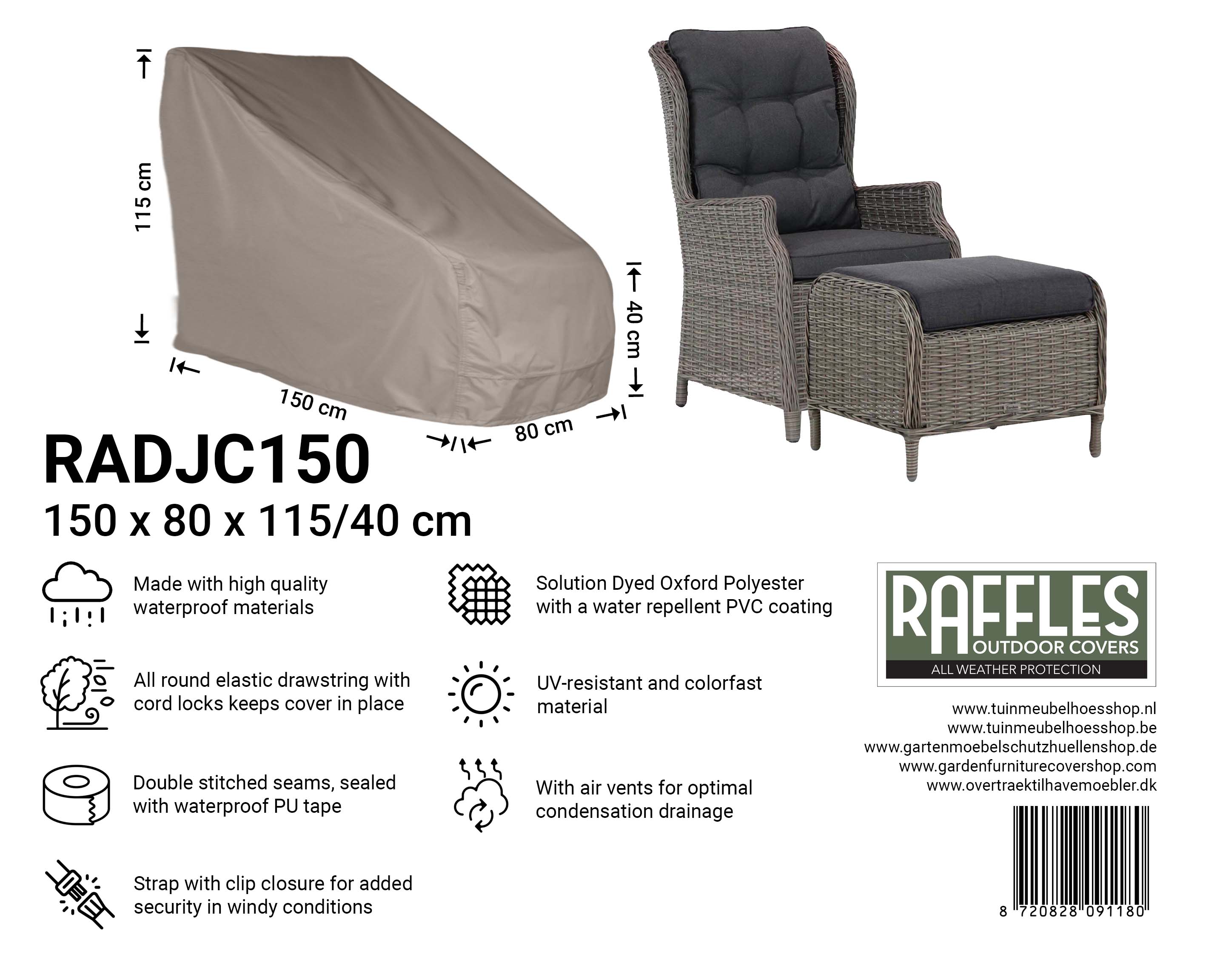 RADJC150_8720828091180uXVZyrk7UTDJ7 Protection cover for outdoor chair + footstool 150 x 80 H: 115 / 40 cm