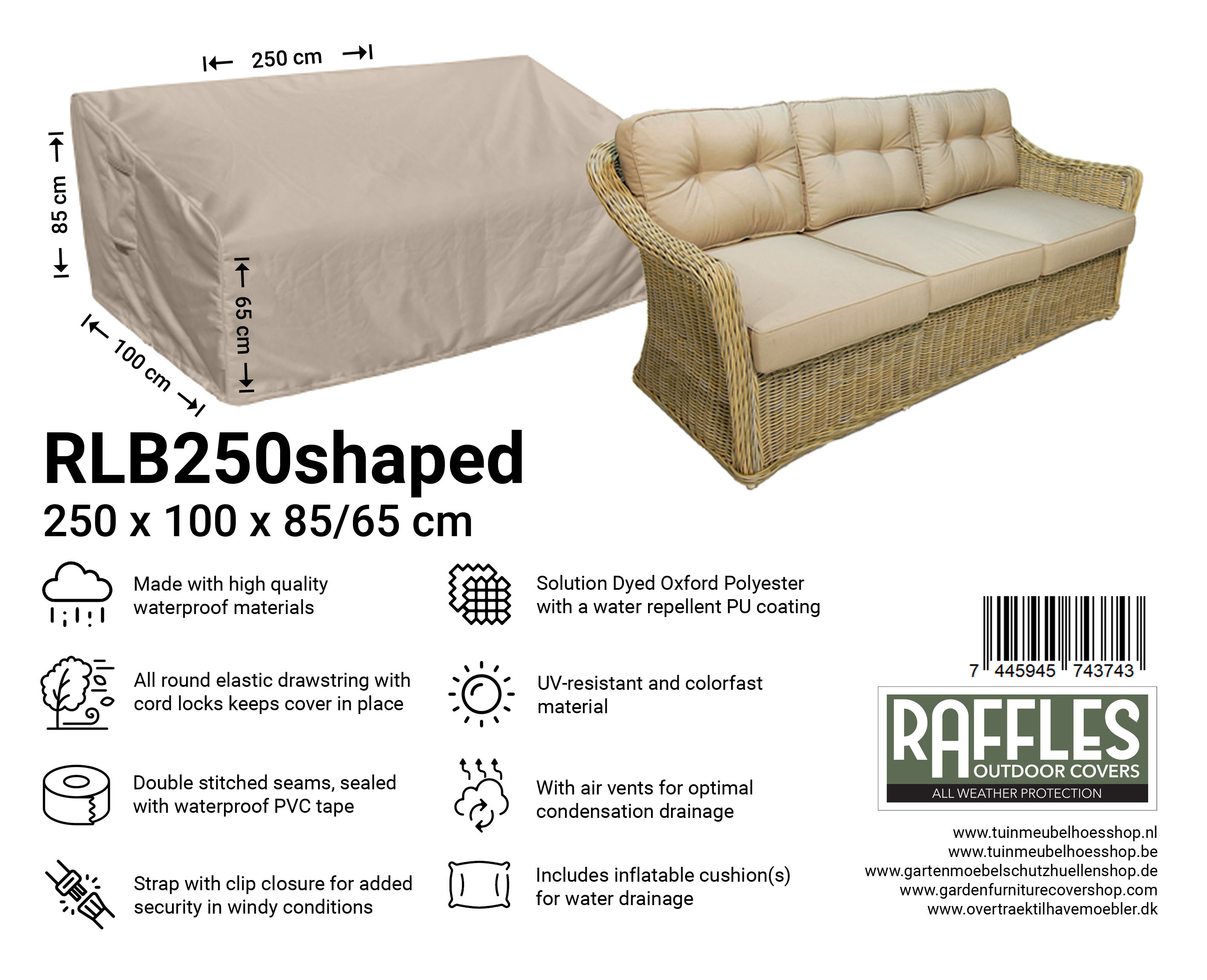 RLB250shaped lounge bank hoes met hoge rugleuning 250 x 100 H: 85/65 cm