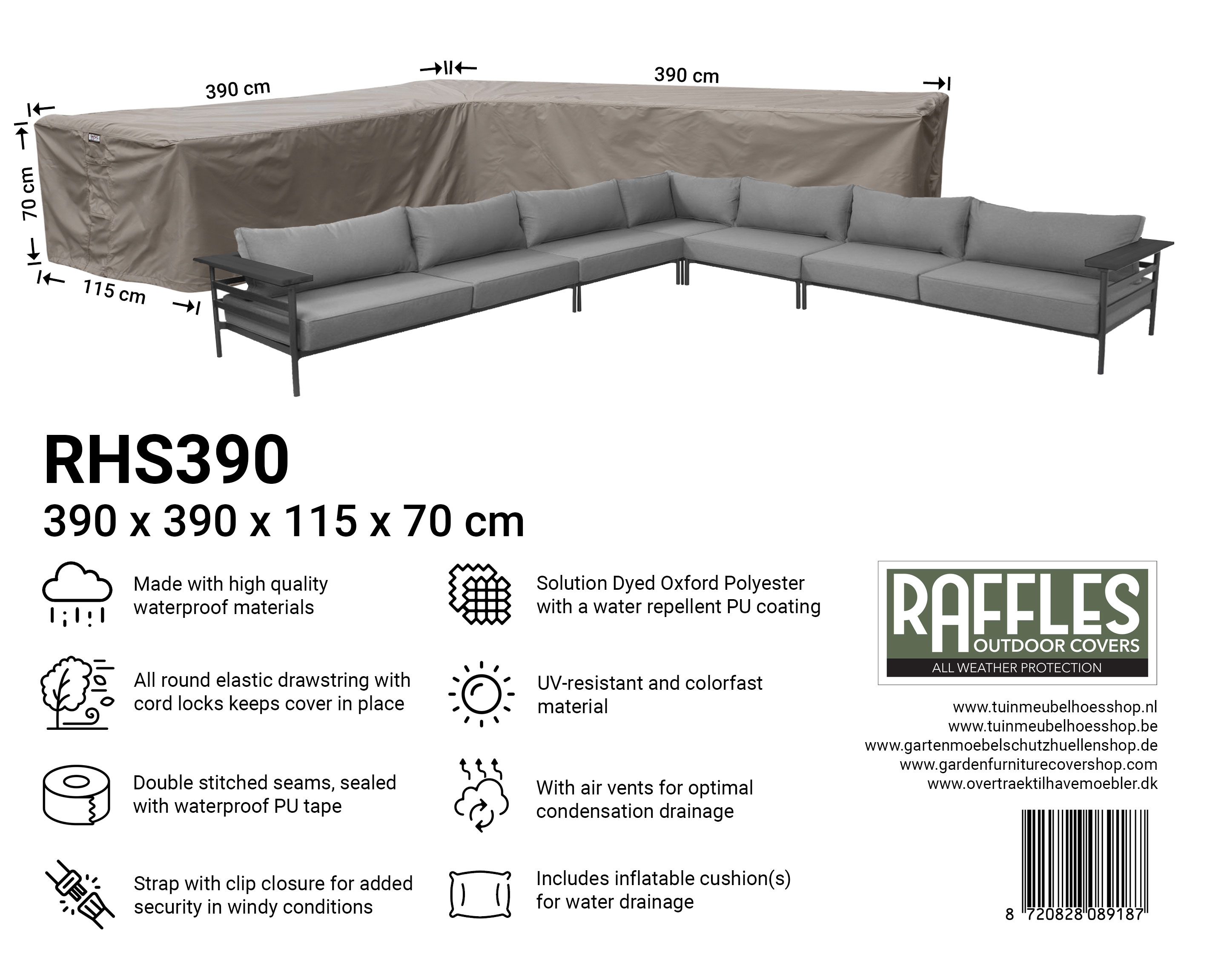 RHS390_8720828089187 RHS390 Grote asymmetrische lounge hoekbank hoes 390 x 390 x 115 H: 70 cm