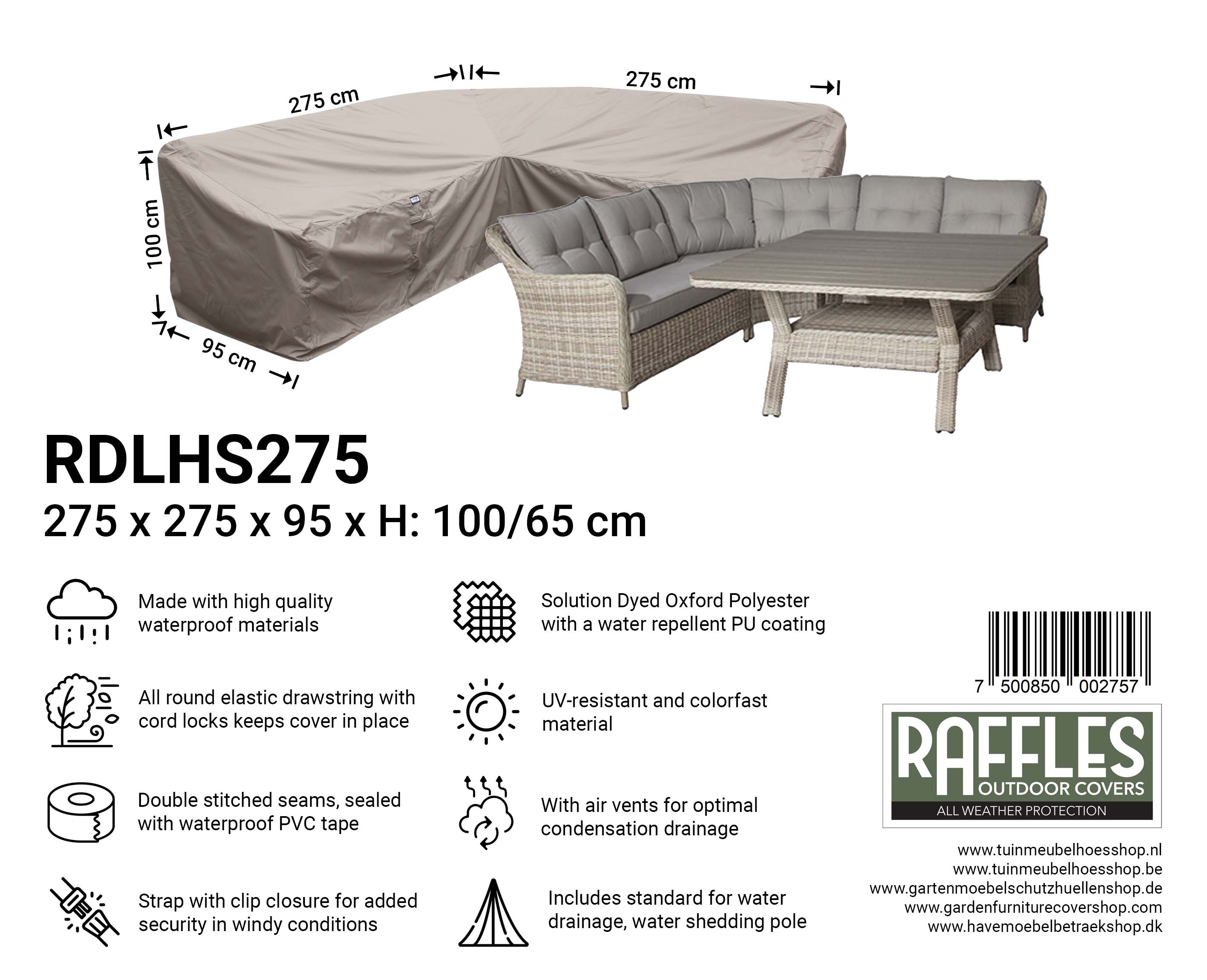 RDLHS275_7500850002757 Cover for a L-shaped dining sofa 275 x 275 x 95, H: 100 / 65 cm