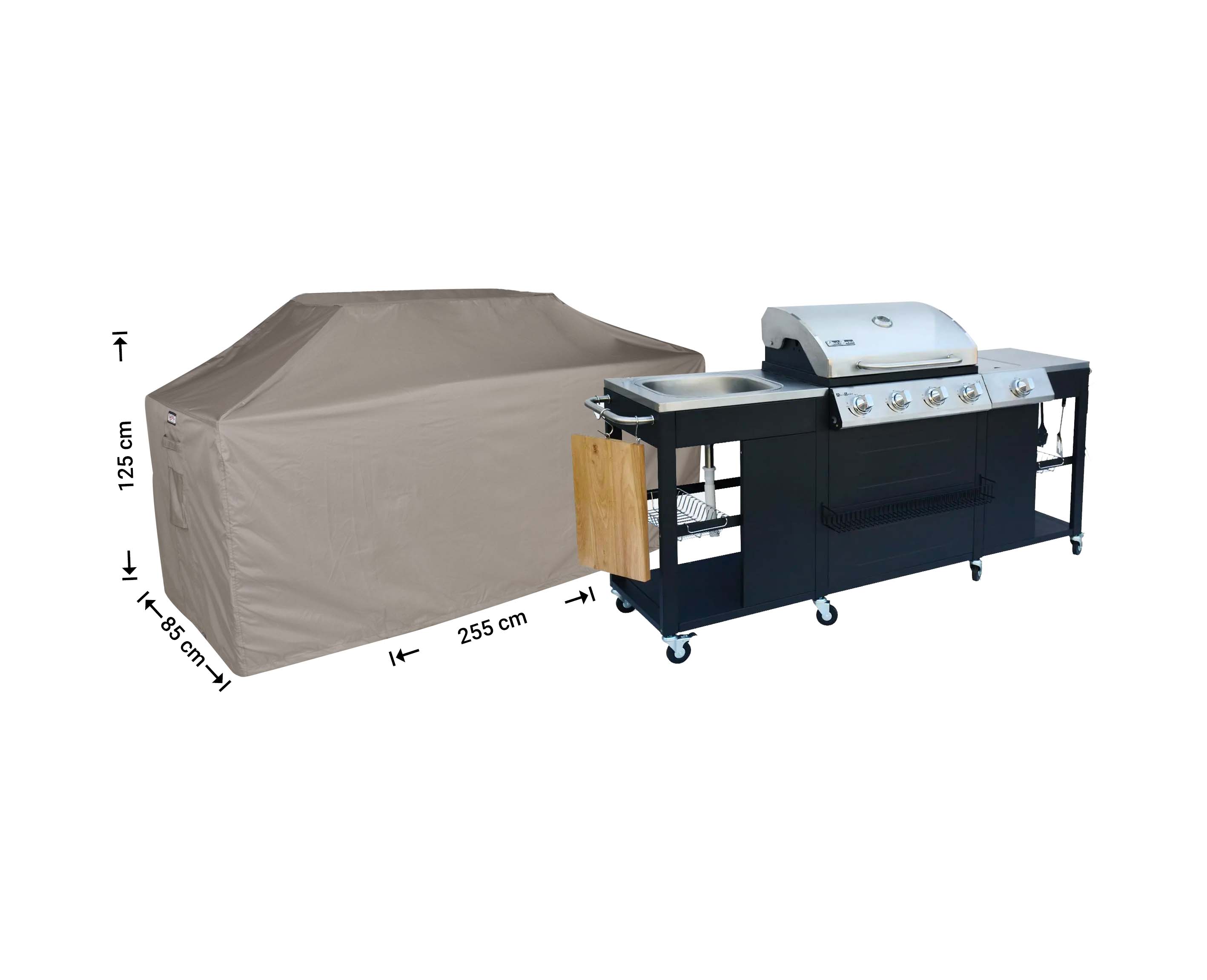 RBBQ255_hoes-afmetingen-meubel Protection cover XL for outdoor kitchen 255 x 85 H: 125 / 115 cm