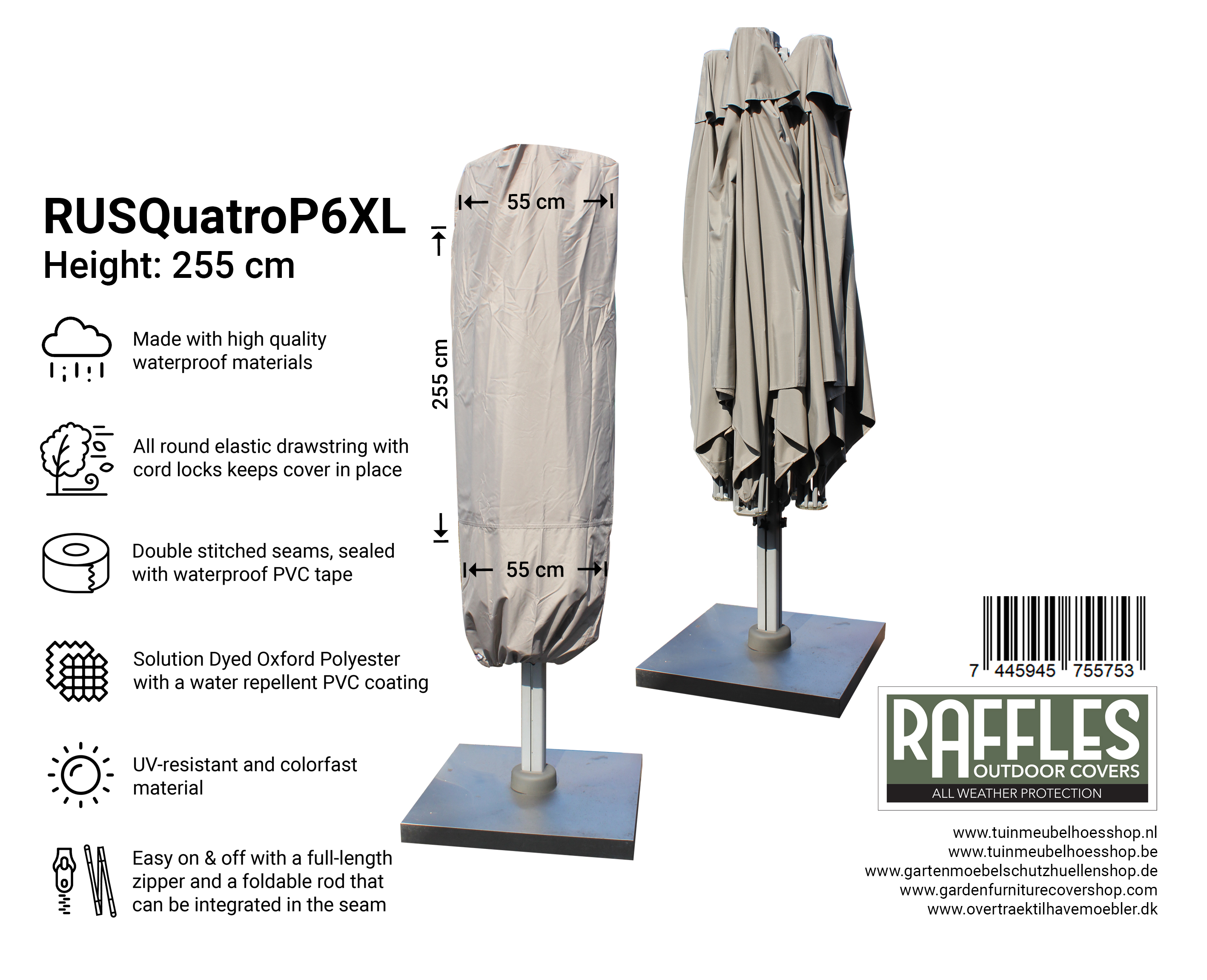 RUSQuatroP6XLuS3kj4zGXAU9j RUSQuatroP6XL Parasol hoes 4 doeken 255 cm hoog