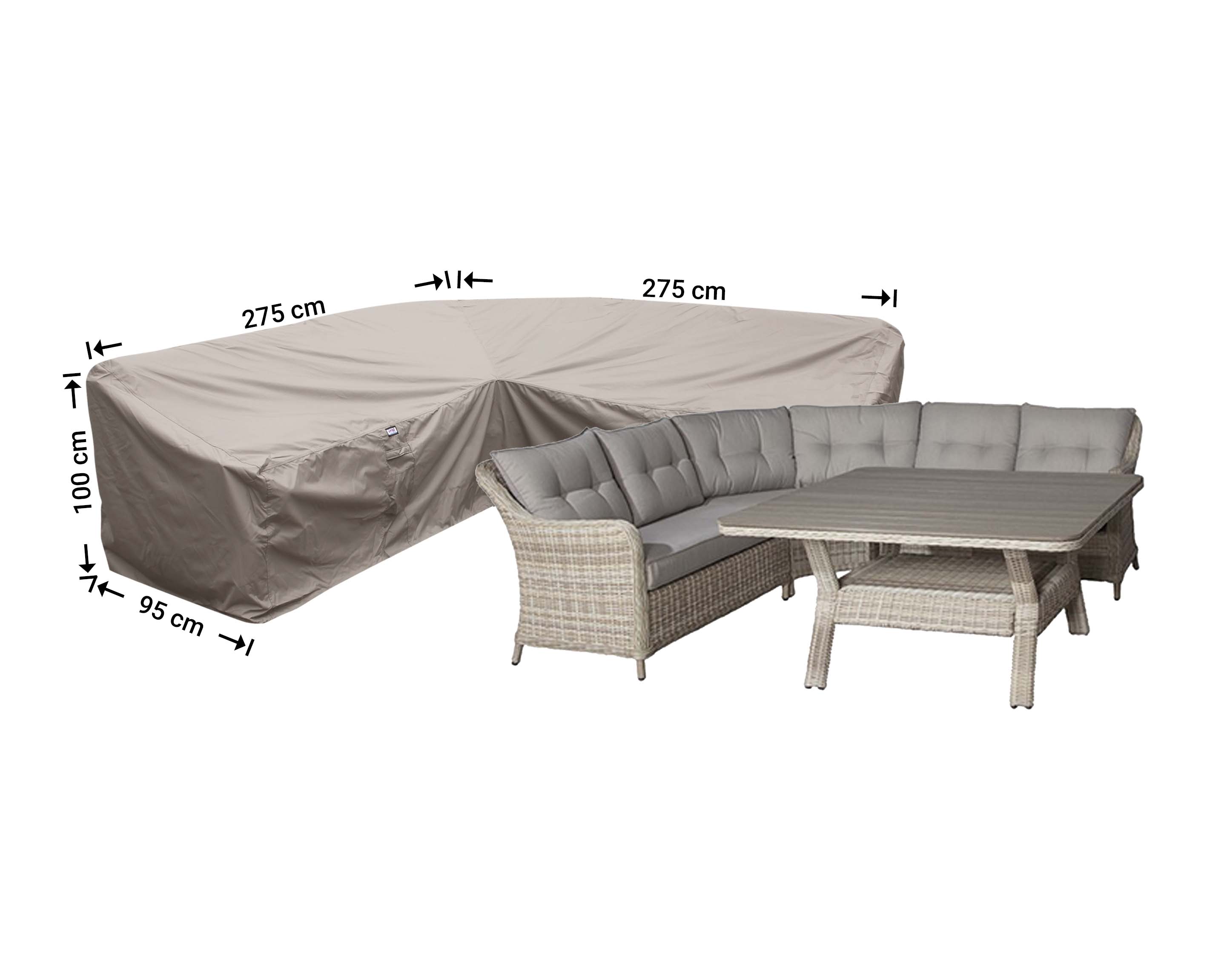 Cover for a L-shaped dining sofa 275 x 275 x 95, H: 100 / 65 cm