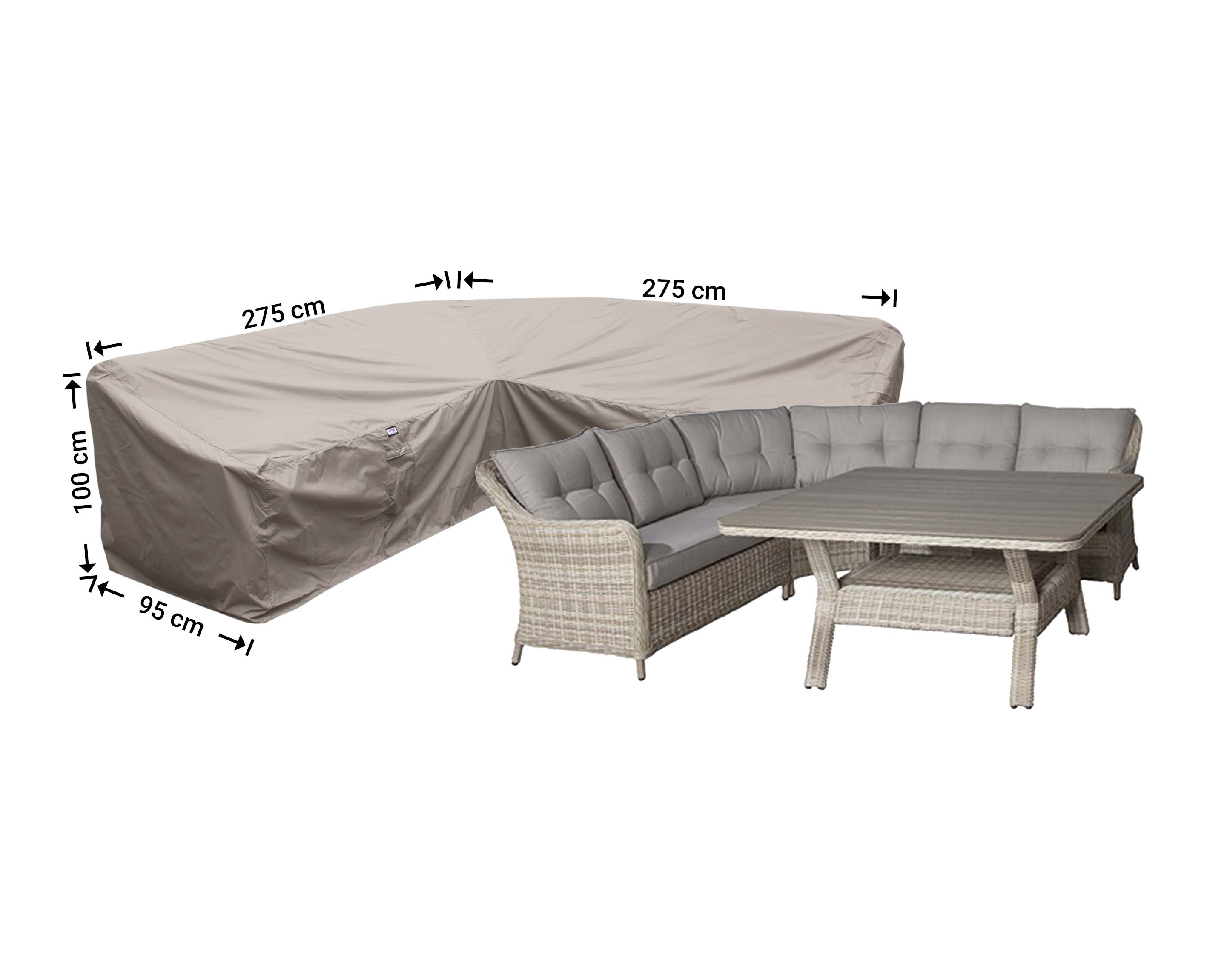 RDLHS275 Cover for a L-shaped dining sofa 275 x 275 x 95, H: 100 / 65 cm