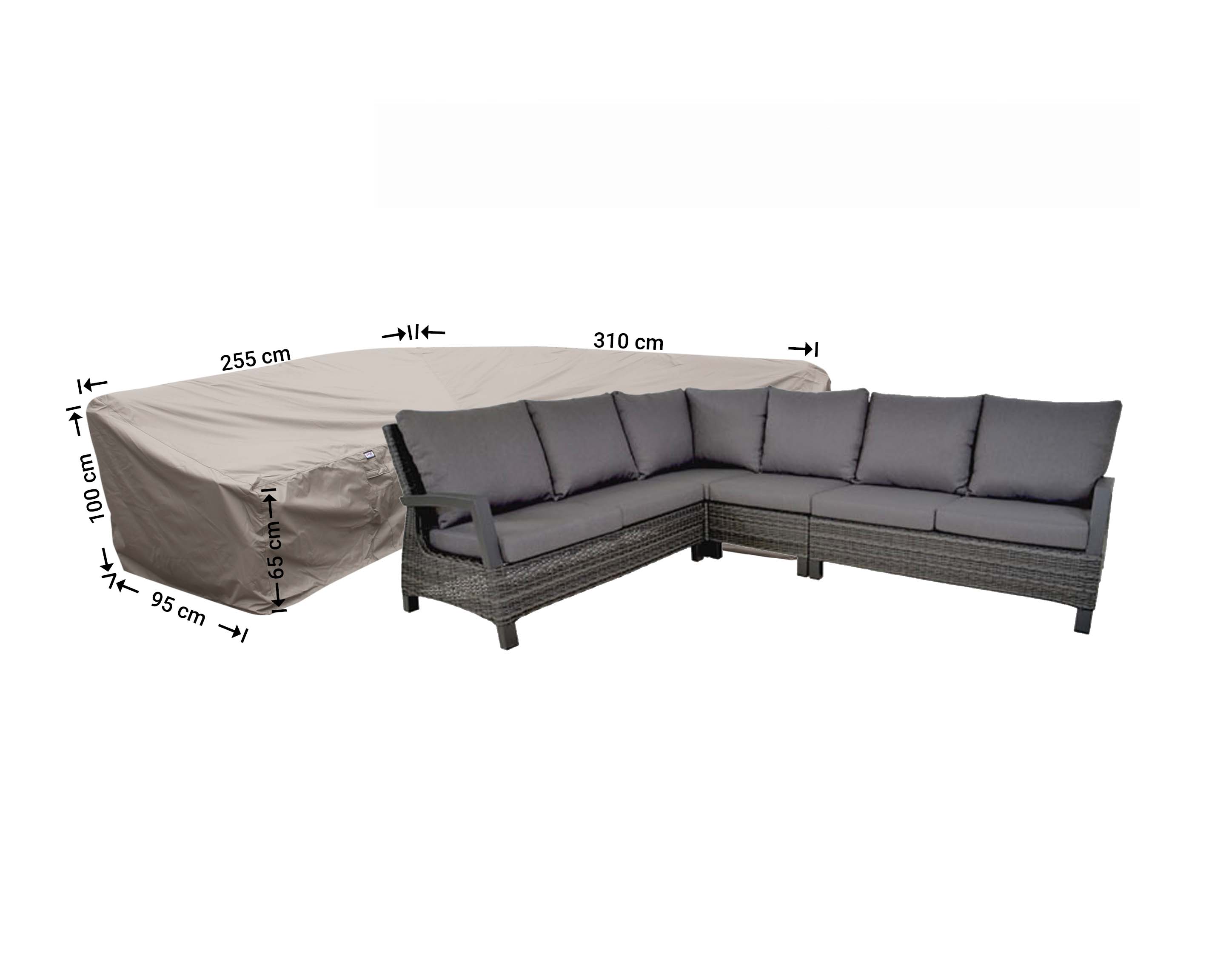 RDLHS310255left_hoes-bank L-shaped dining set cover 310 x 255 x 95, H: 100 / 65 cm