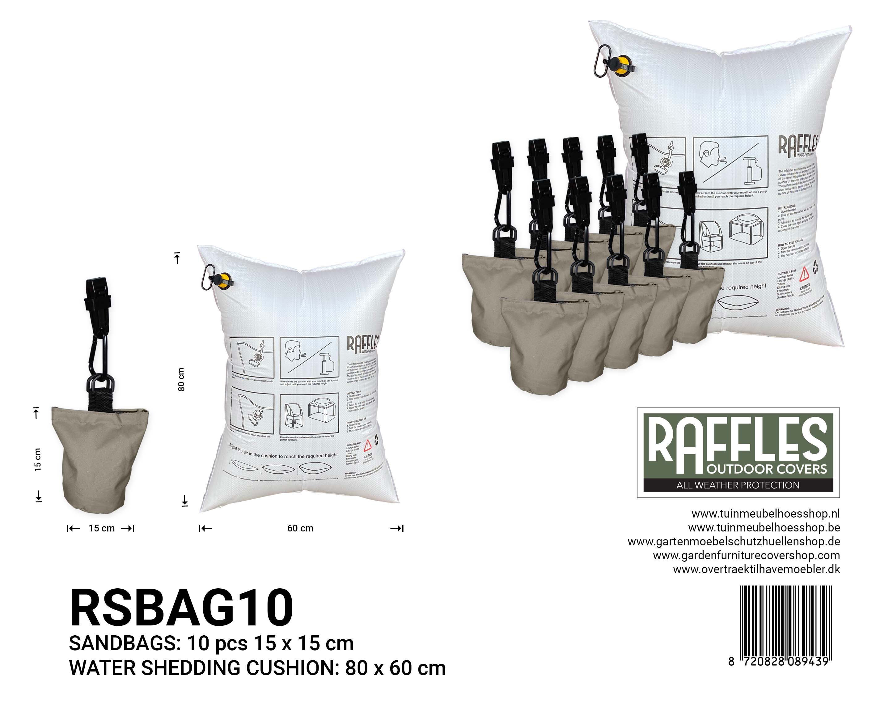 RSBAG10-RWSC8060 Water shedding cushion 80 x 60 cm with 10 sandbags