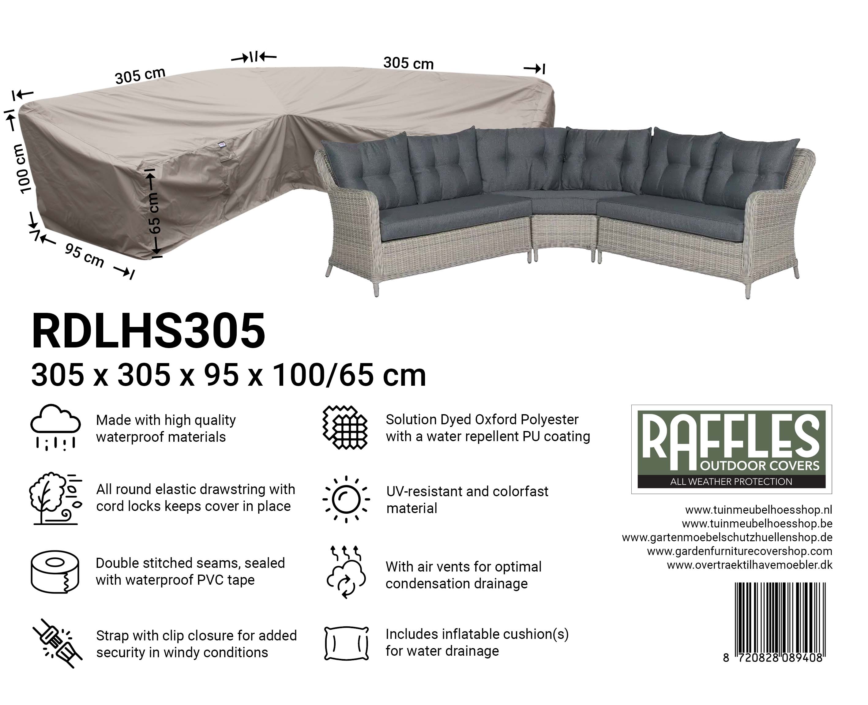 RDLHS305_8720828089408 Cover for L-Shaped dining sofa 305 x 305 x 95, H: 100 / 65 cm