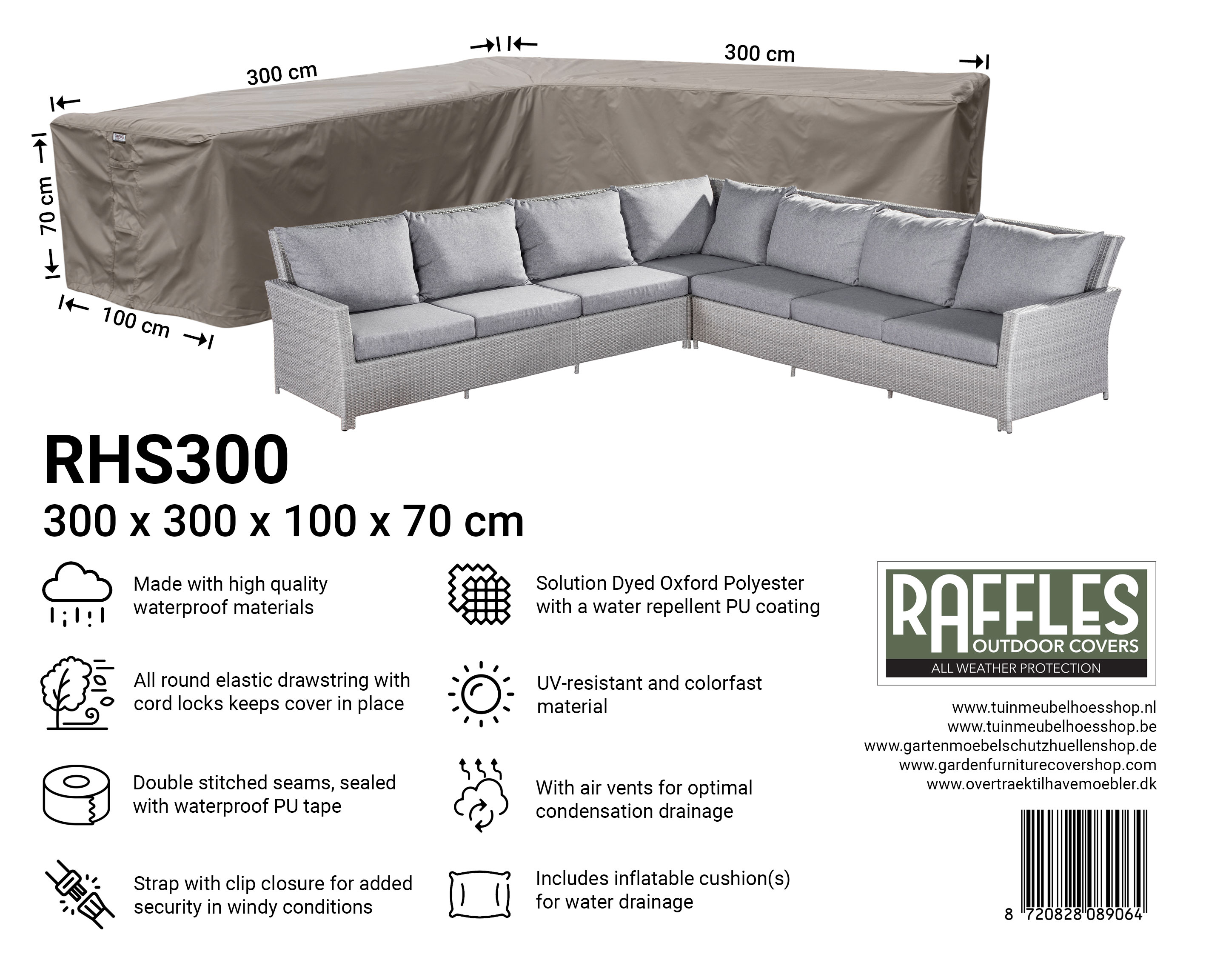 RHS300_8720828089064 RHS300 hoes voor hoekbank 300 x 300 x 100 H: 70 cm