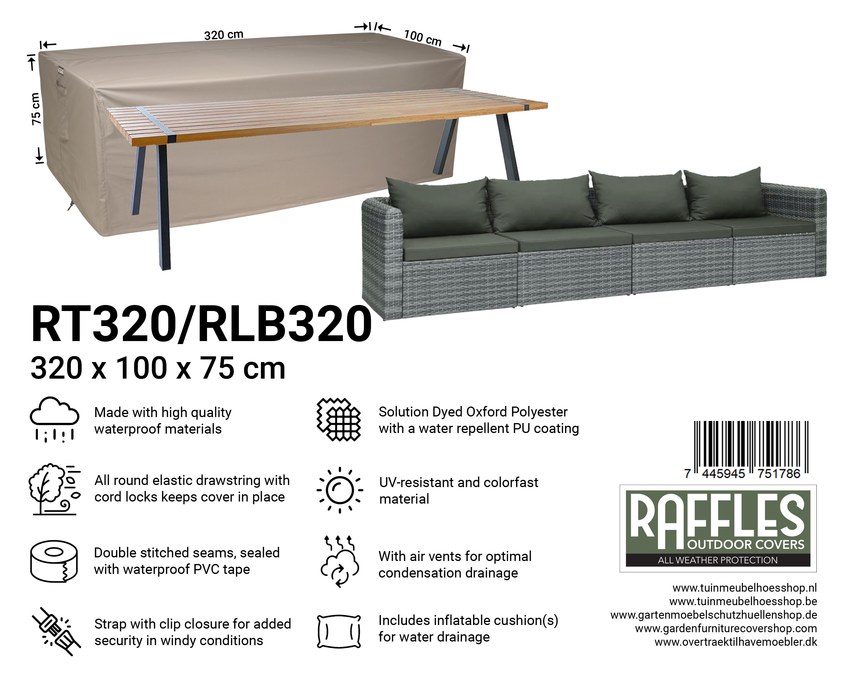 RT320/RLB320 hoes voor tuintafel/lounge bank 320 cm breed 100 cm en 75 cm hoog