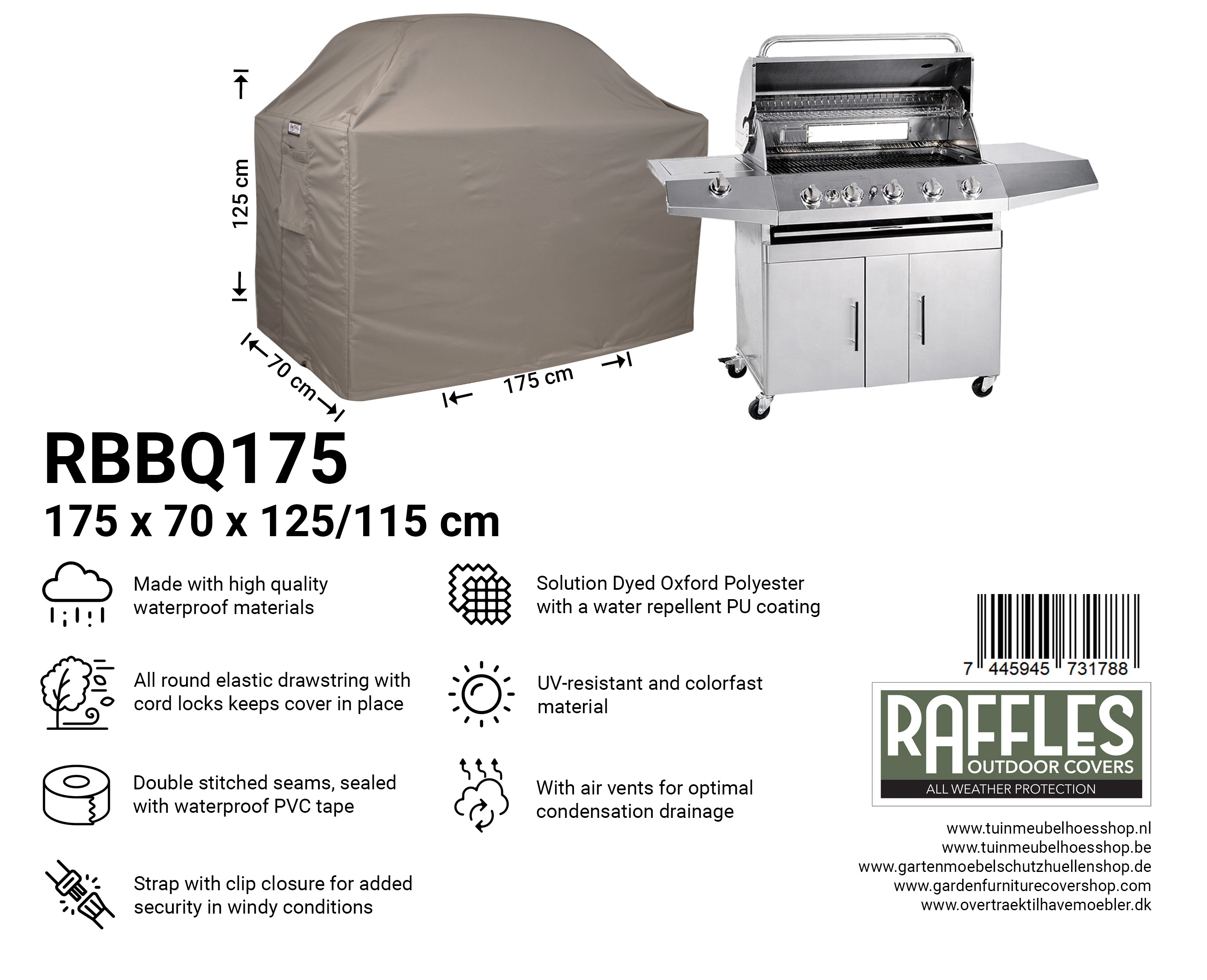 RBBQ175_7445945731788 Outdoor cover for BBQ grill 175 x 70 H: 125 / 115 cm