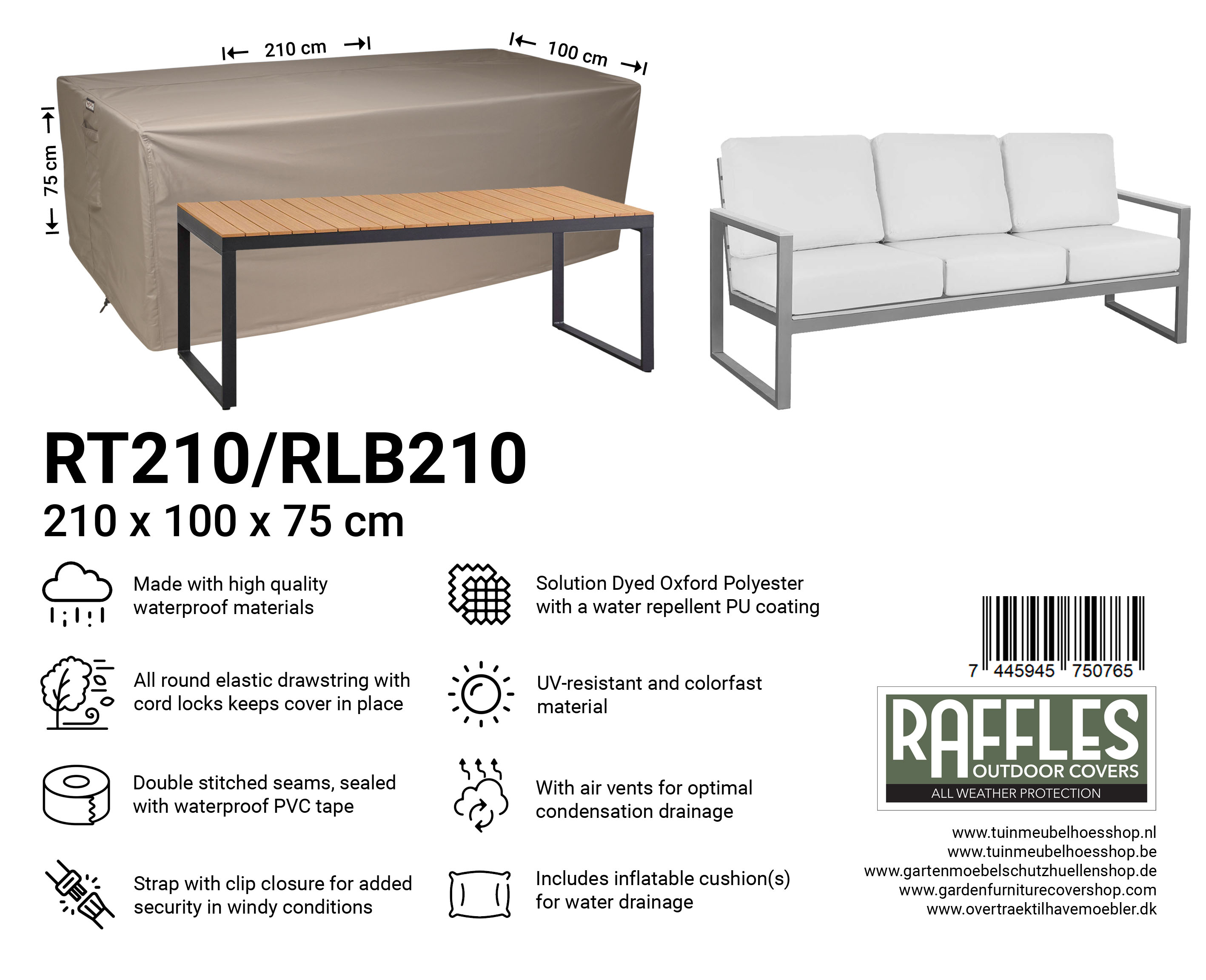 RT210/RLB210 hoes tuintafel/lounge bank 210 x 100 H: 75 cm